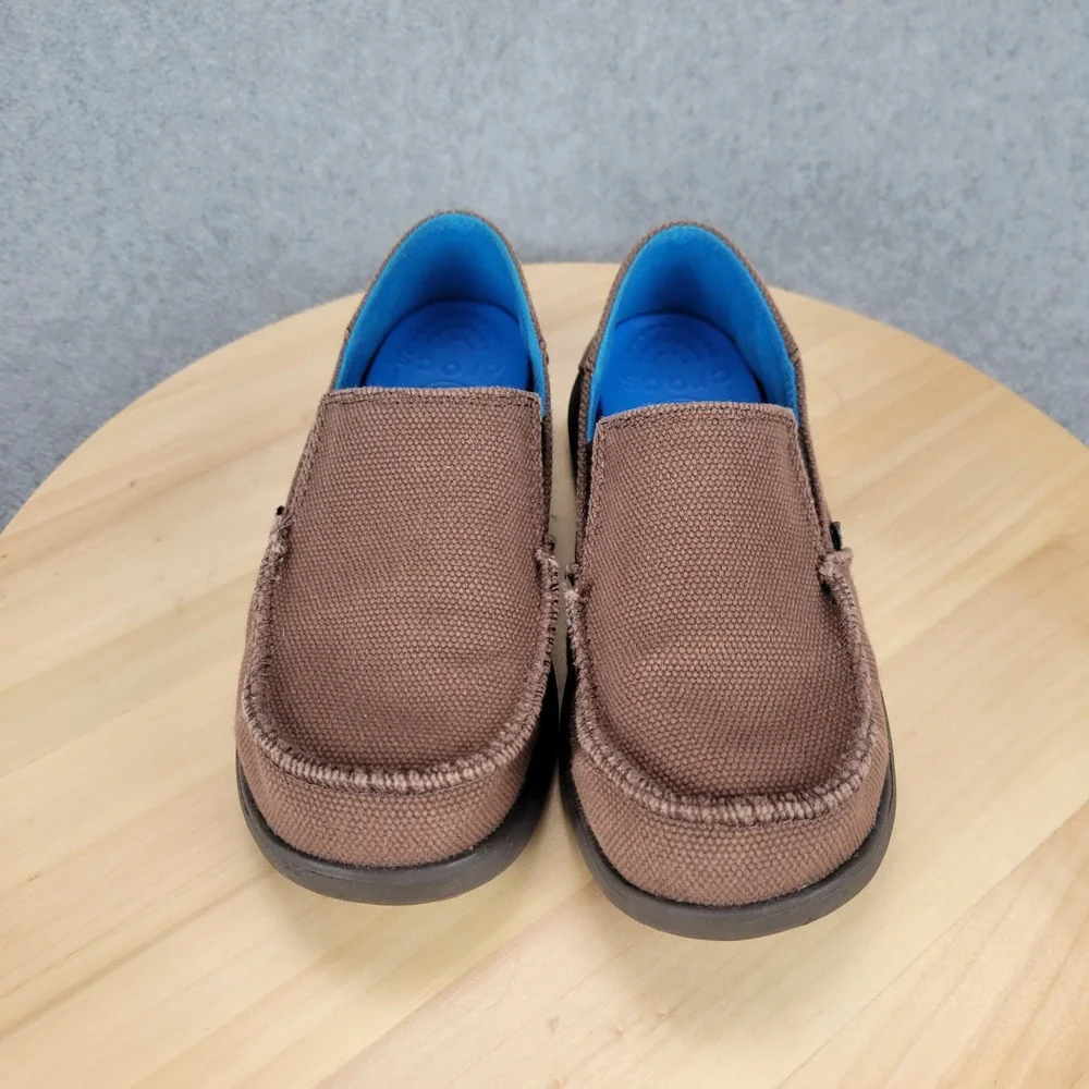 Crocs Santa Cruz Kids Brown Canvas Slip On Loafers Shoes 15576 Size J2‎